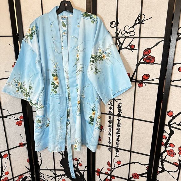JAPANESE Geisha KIMONO WOMEN'S ROBE GOWN VINTAGE Blue Floral - Picture 8 of 8